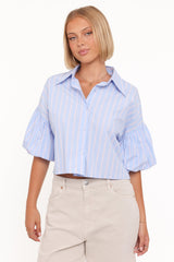 Zella Puff Sleeve Button Up Shirt - Blue White Stripe
