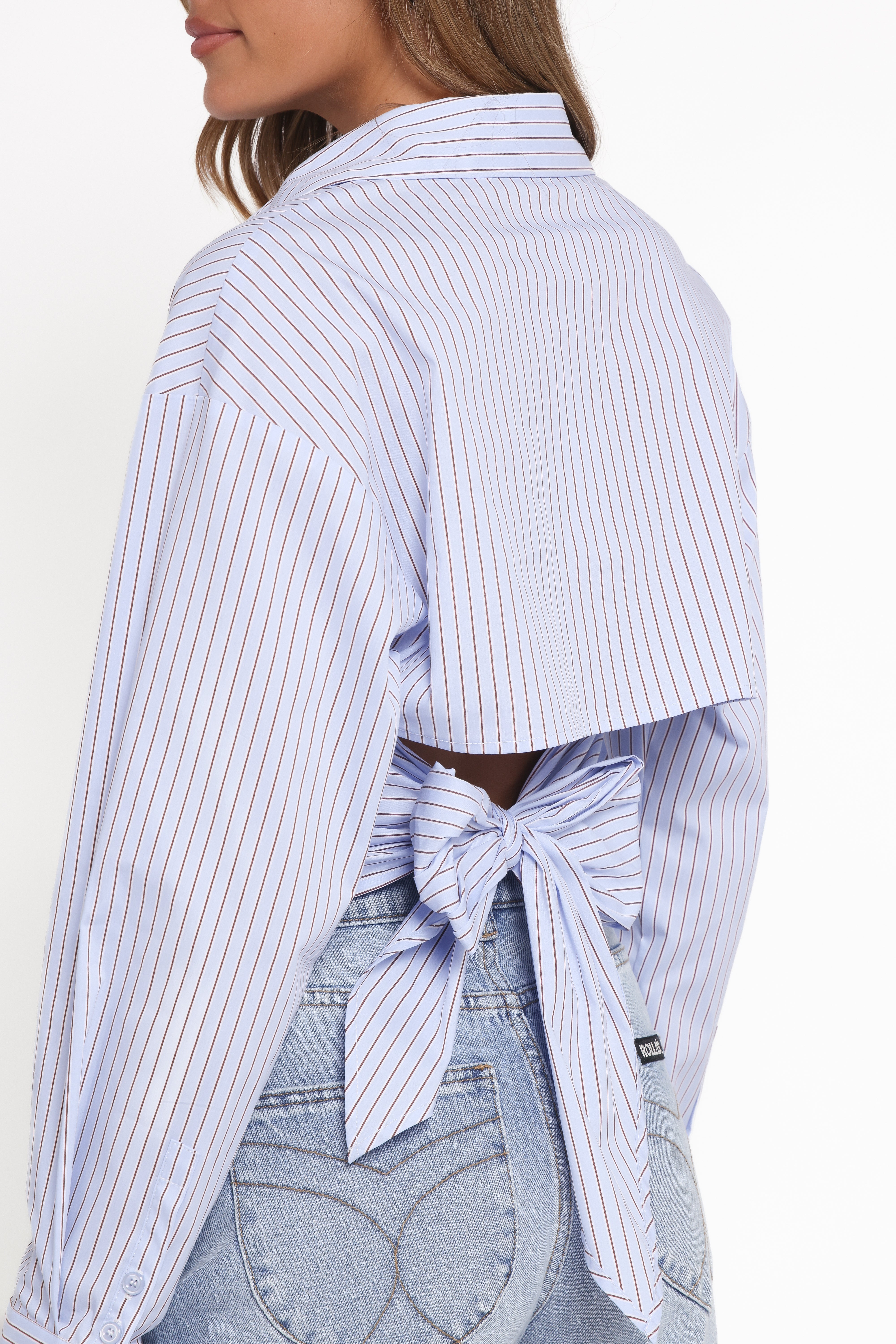Vienne Tie Back Button Up Shirt - Blue/Brown Stripe