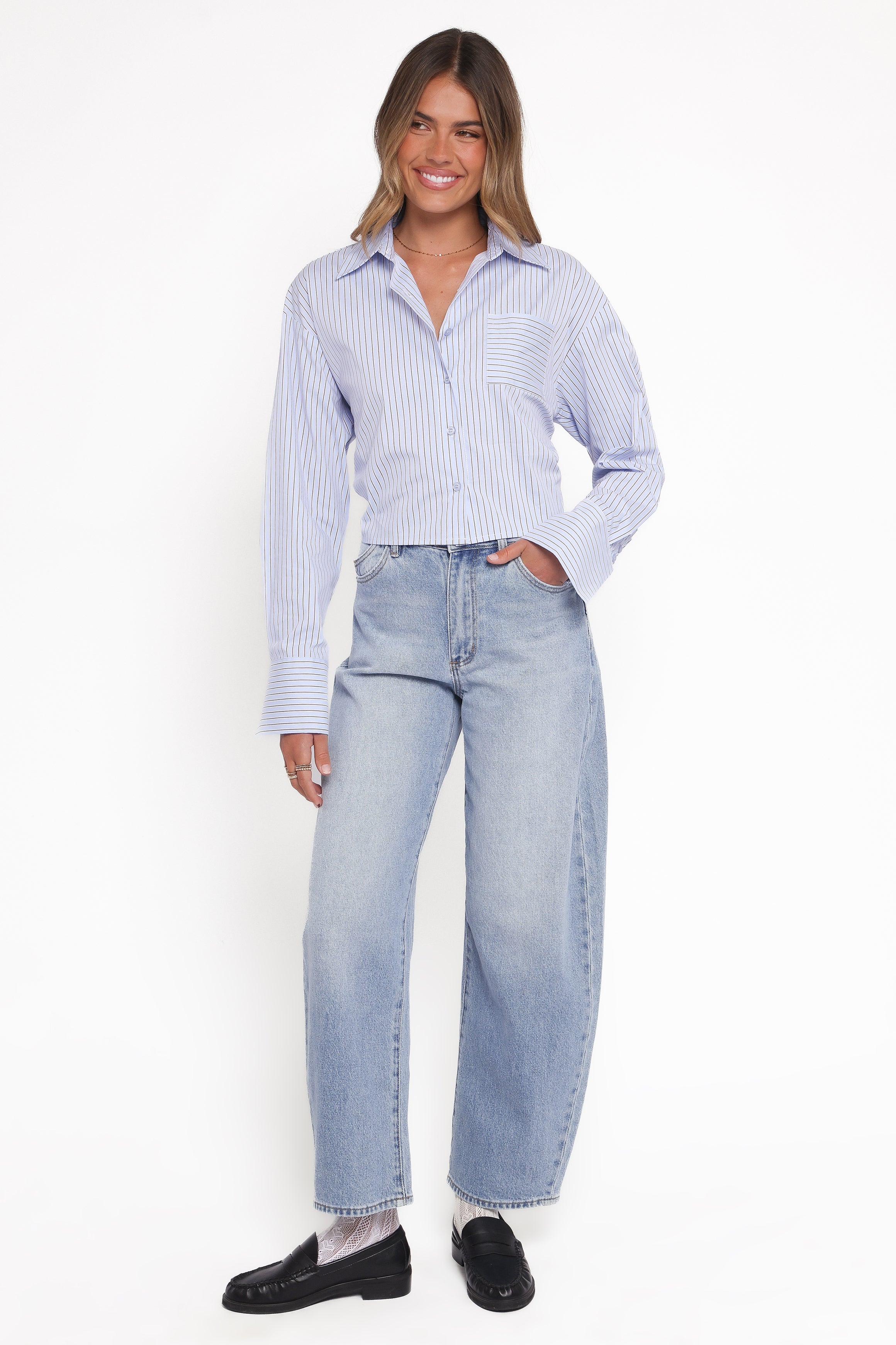 Vienne Tie Back Button Up Shirt - Blue/Brown Stripe