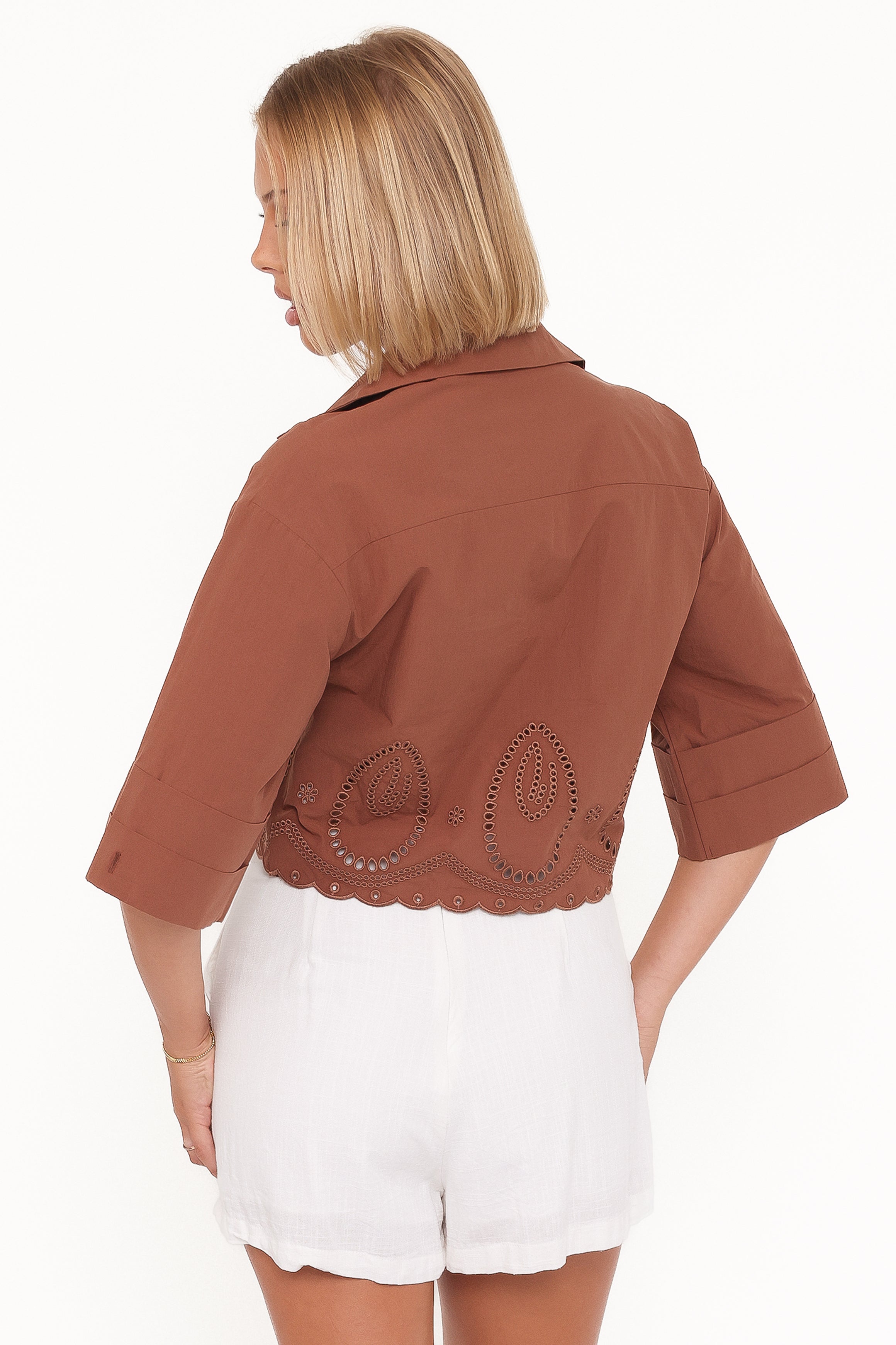 Williams Cropped Eyelet Button Up Shirt - Brown