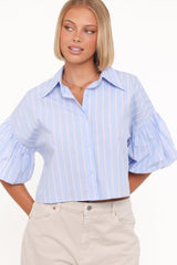 Zella Puff Sleeve Button Up Shirt - Blue White Stripe
