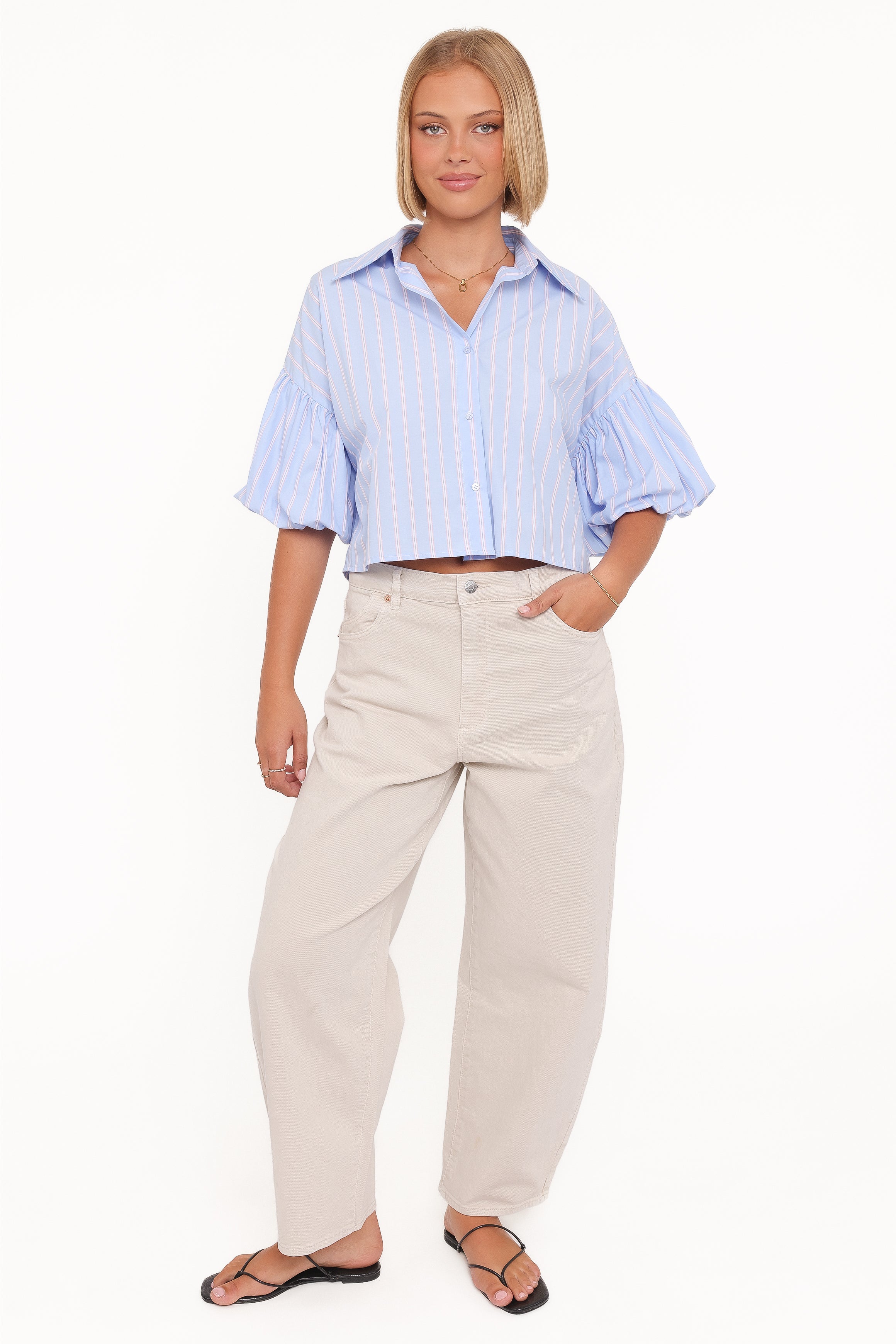 Zella Puff Sleeve Button Up Shirt - Blue White Stripe