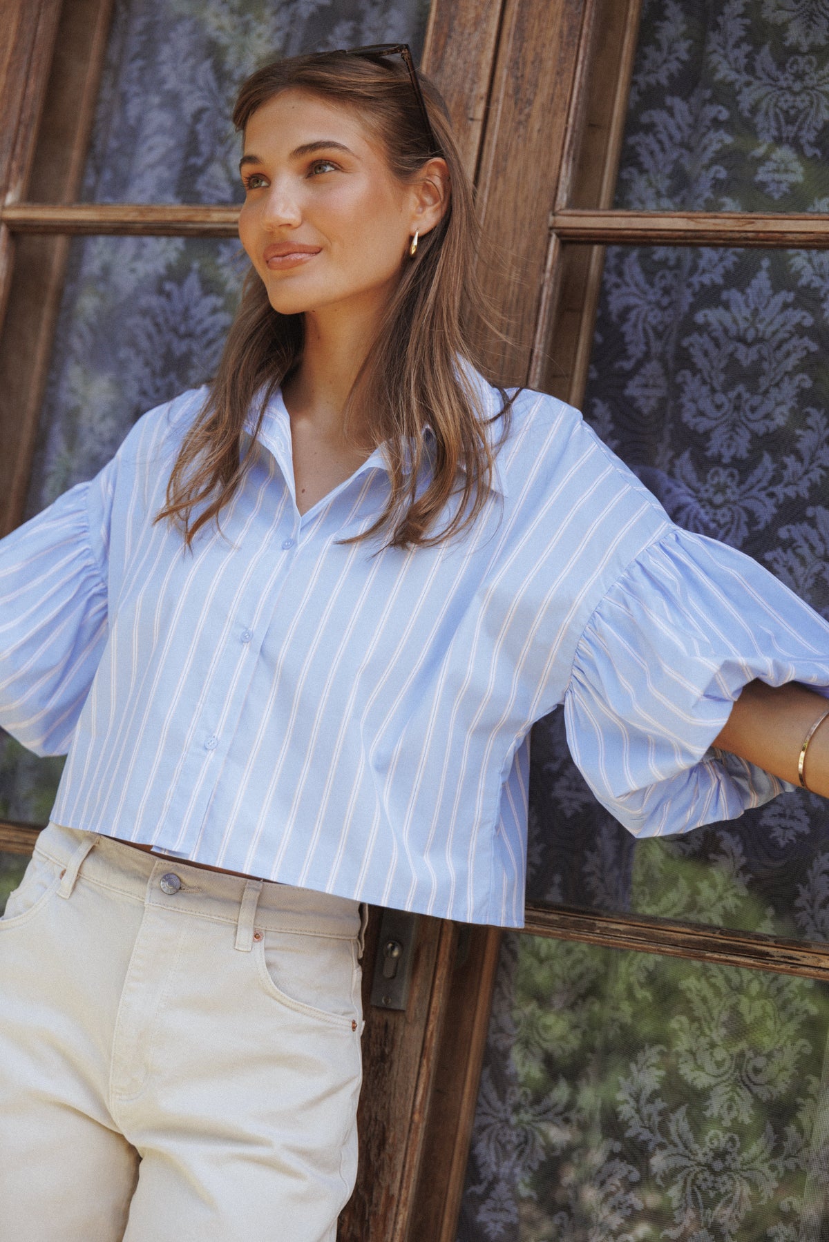 Zella Puff Sleeve Button Up Shirt - Blue White Stripe