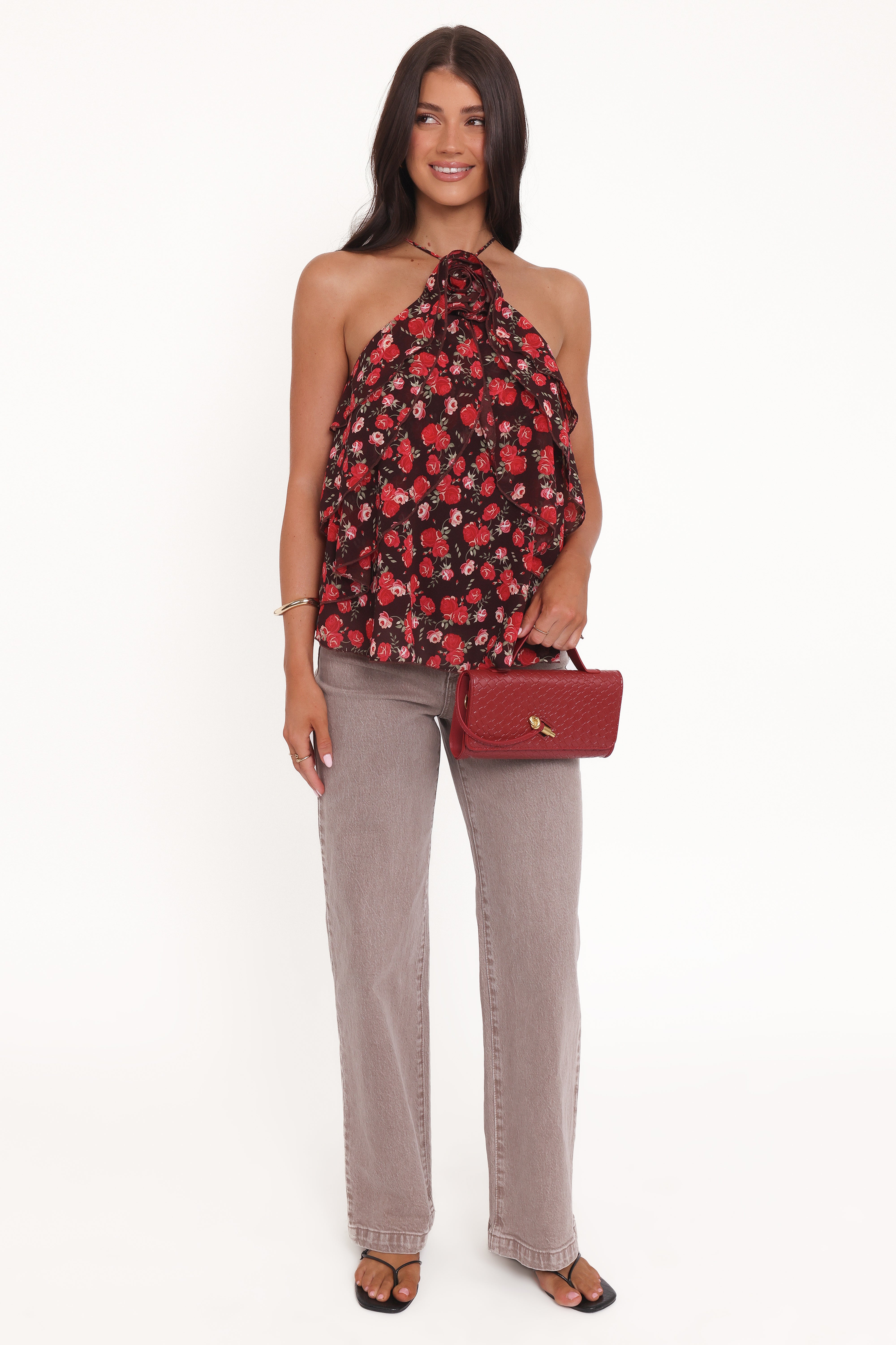 Zorina Halter Neck Chiffon Top - Brown Floral